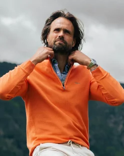 Oranje basis pullover met halve rits