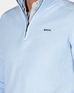 Pastelblauwe basis pullover met halve rits
