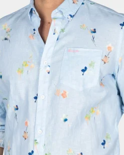 Pastelblauw overhemd met gekleurde bloemen