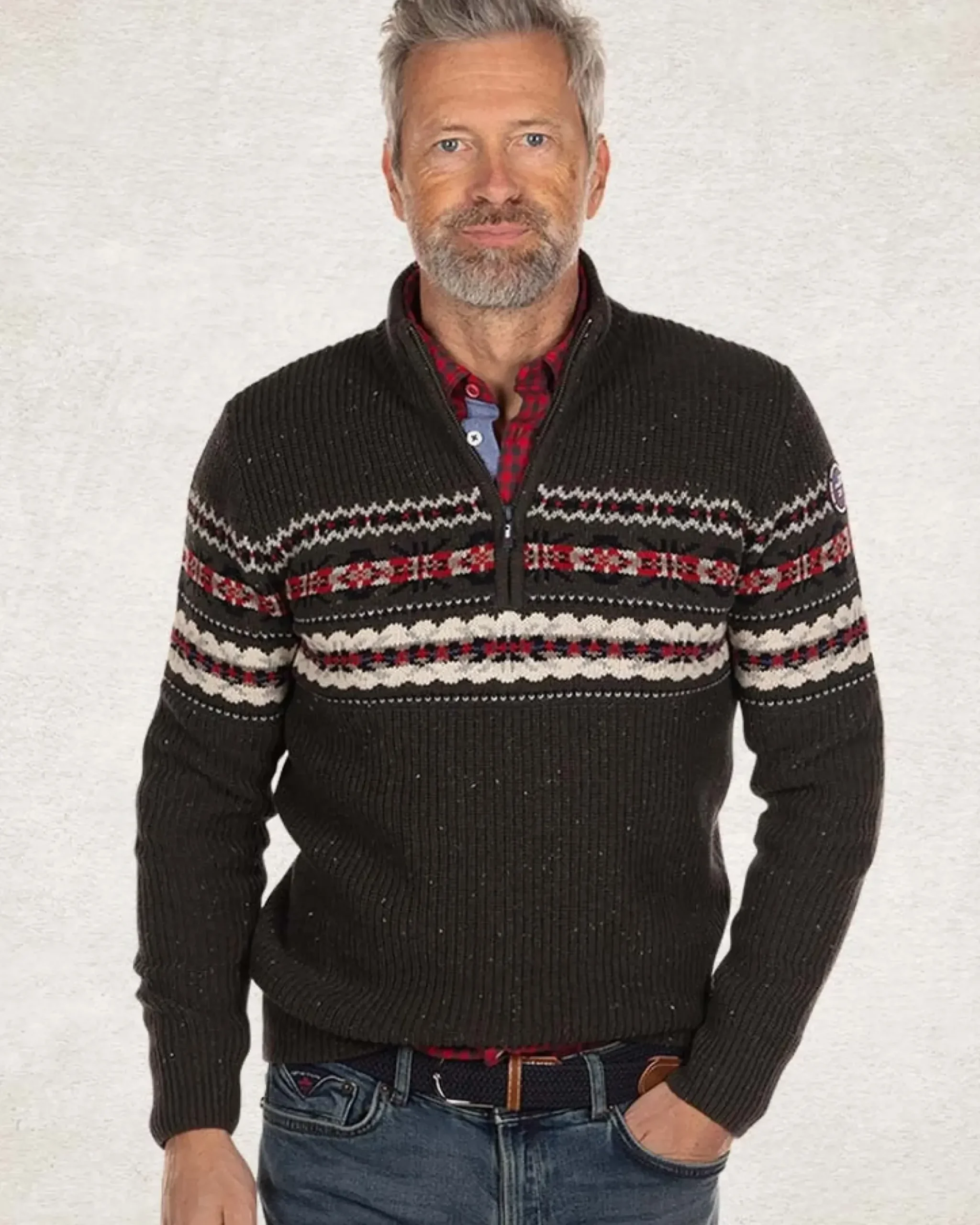 Pullover met halve rits van katoen en wol - Smoked Green