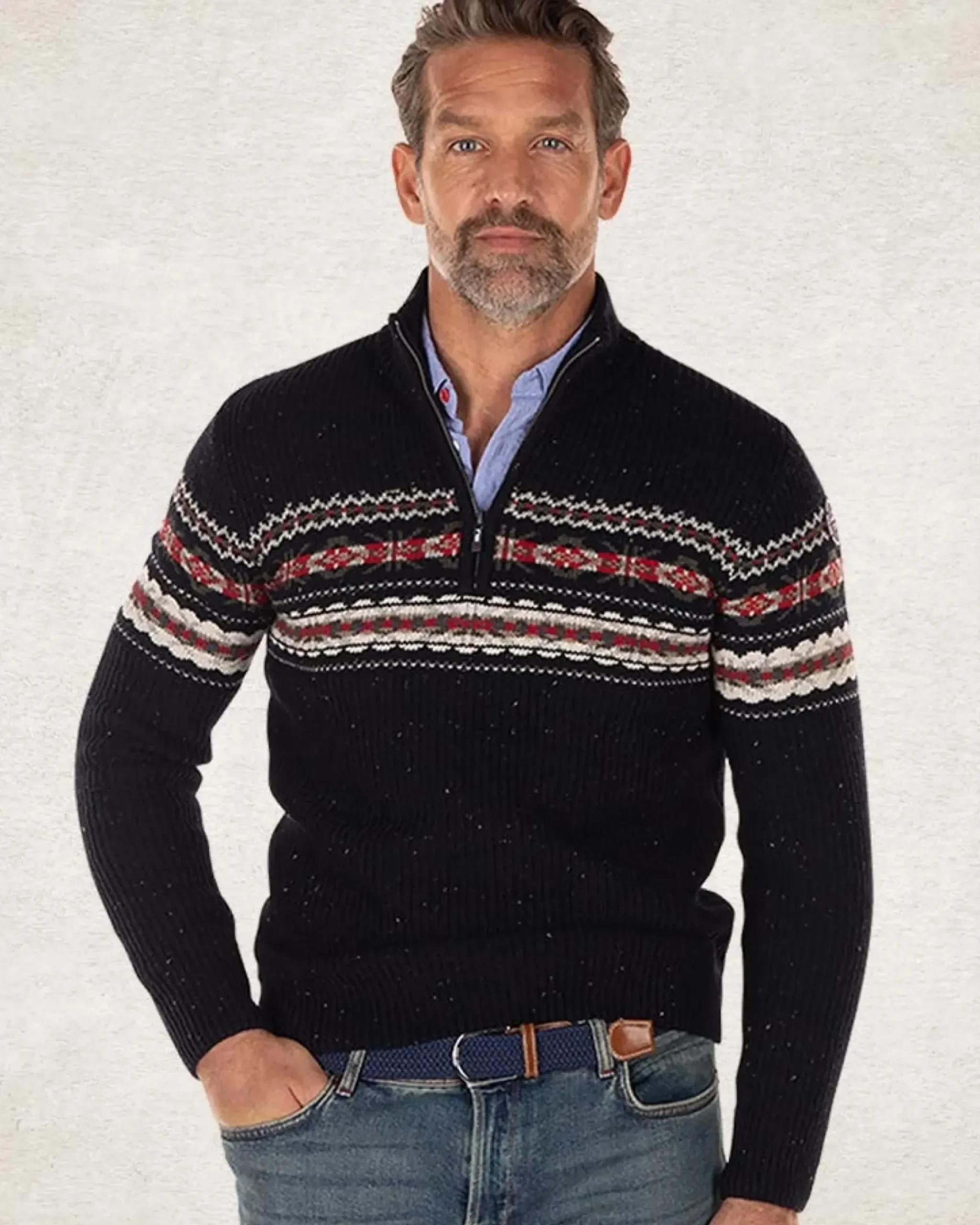 Pullover met halve rits van katoen en wol - Pitch navy