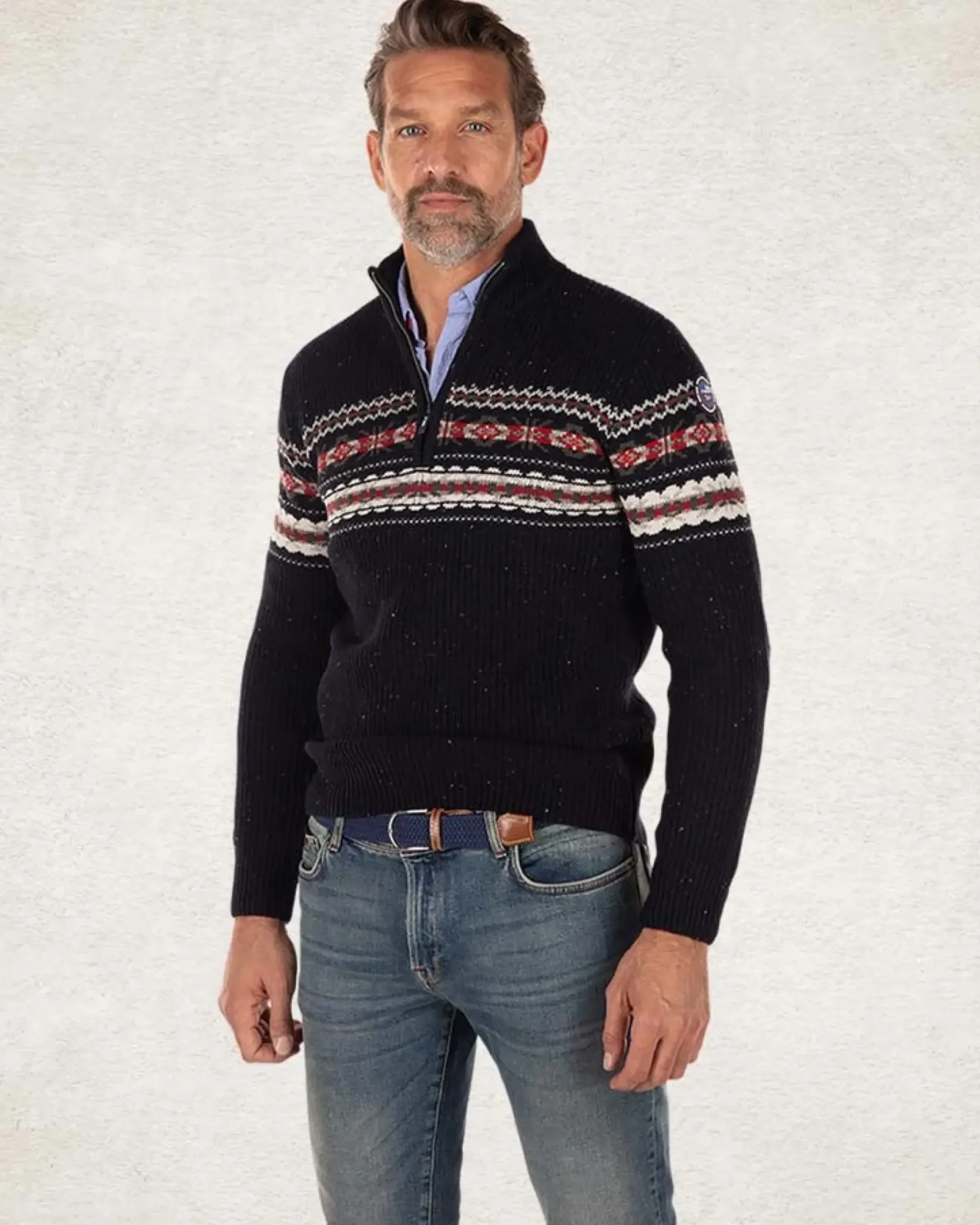 Pullover met halve rits van katoen en wol - Pitch navy