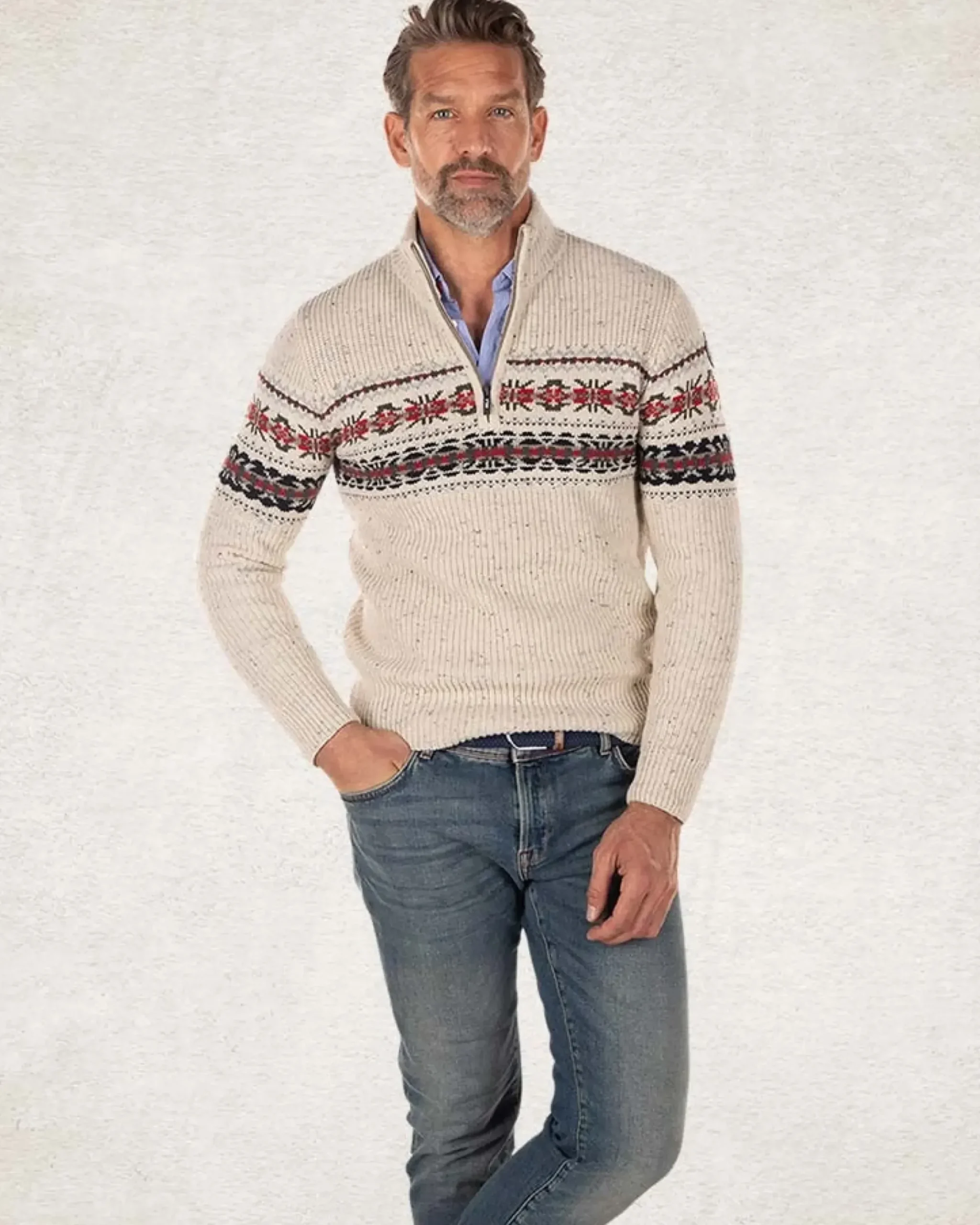 Pullover met halve rits van katoen en wol - Milky Ecru