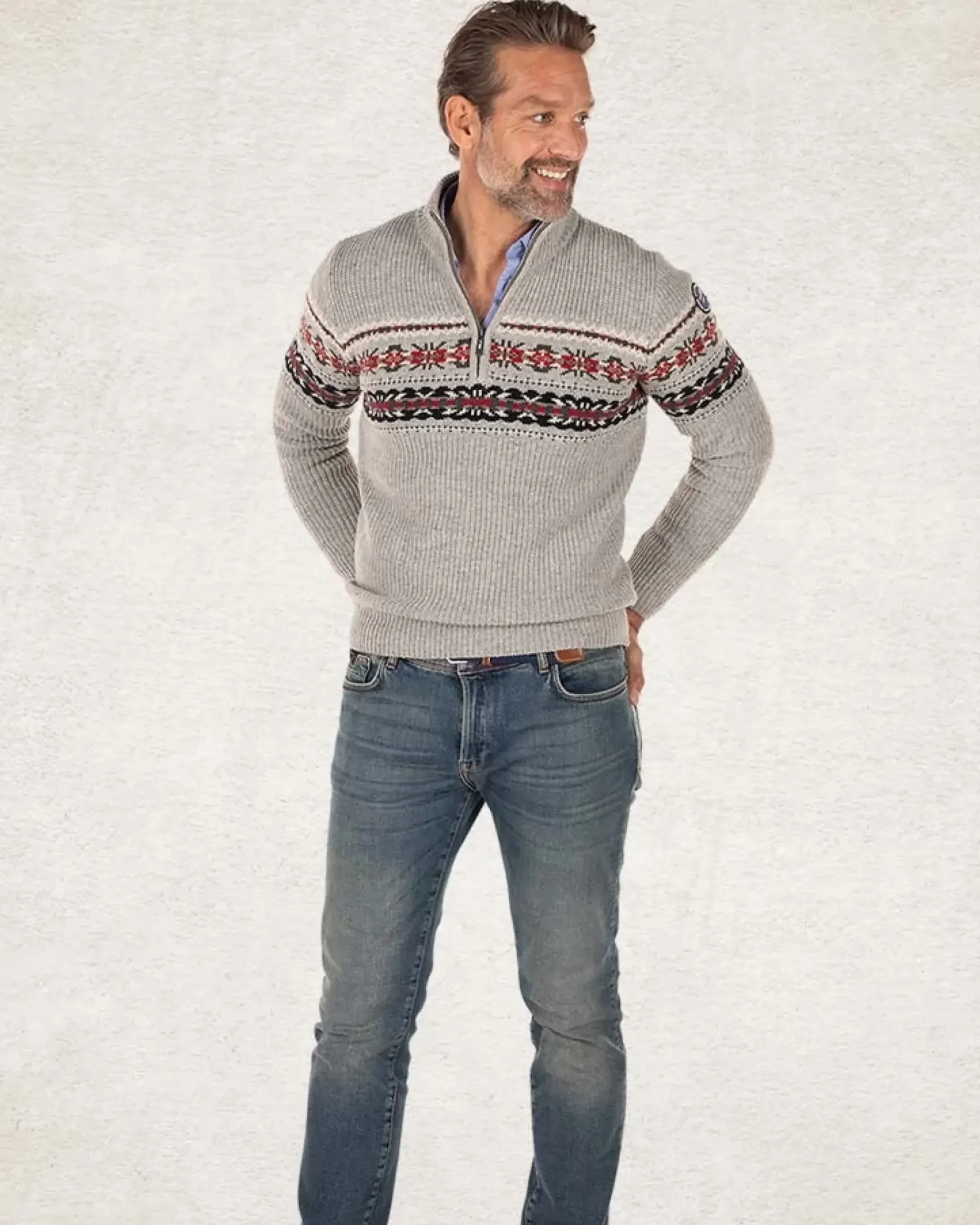 Pullover met halve rits van katoen en wol - Grey Melange