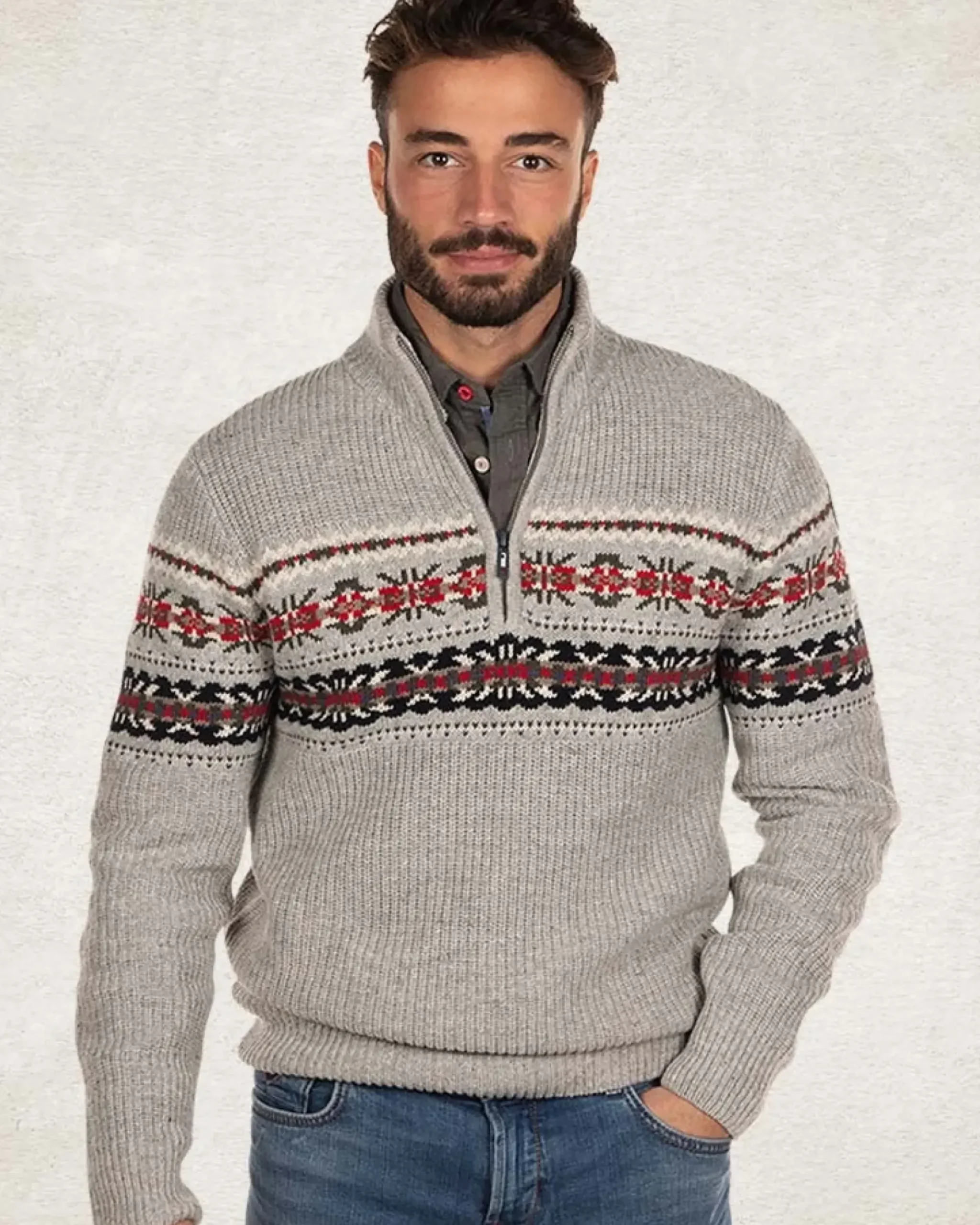 Pullover met halve rits van katoen en wol - Grey Melange