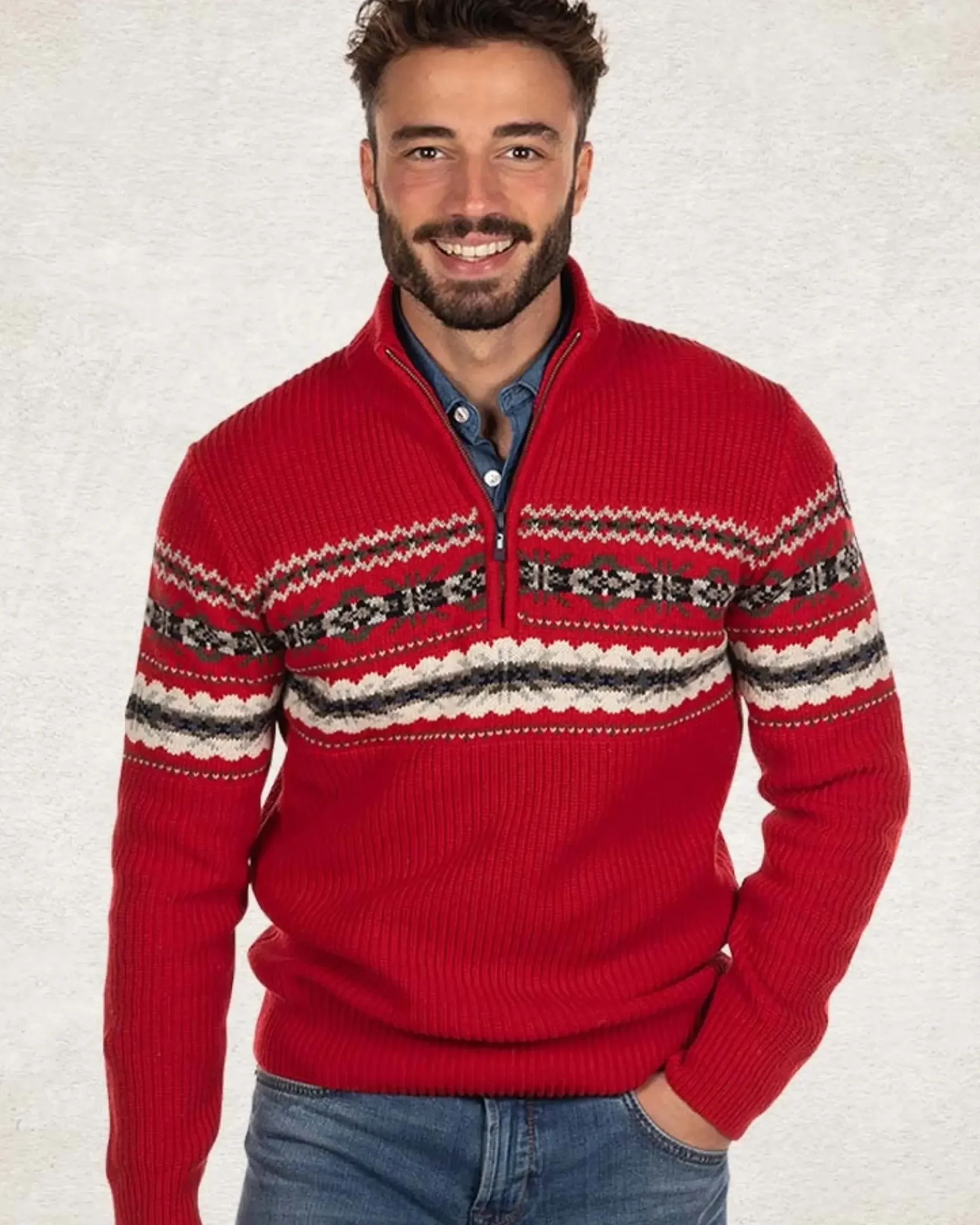 Pullover met halve rits van katoen en wol - Carmine red