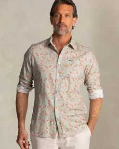 Taupe overhemd met oranje grafische print