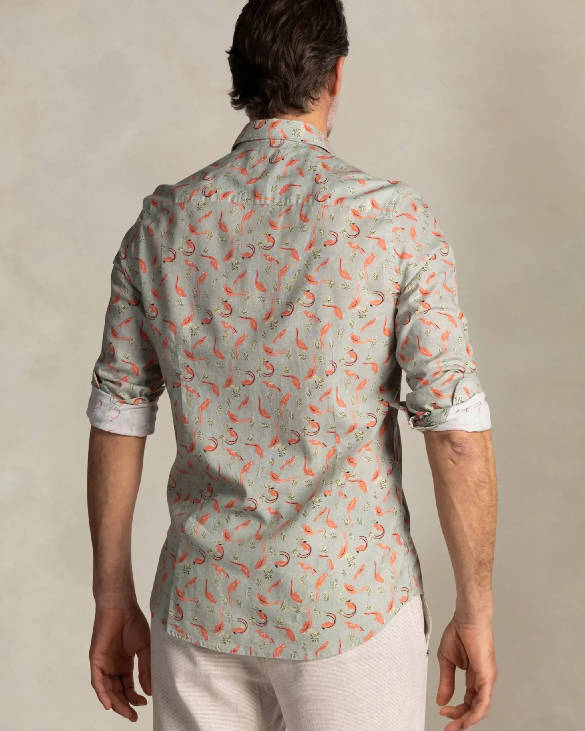 Taupe overhemd met oranje grafische print