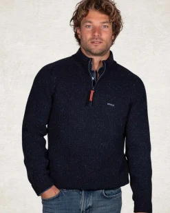 Trui met halve rits van wol en katoen - Pitch Navy