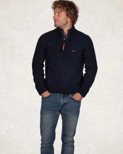 Trui met halve rits van wol en katoen - Pitch Navy